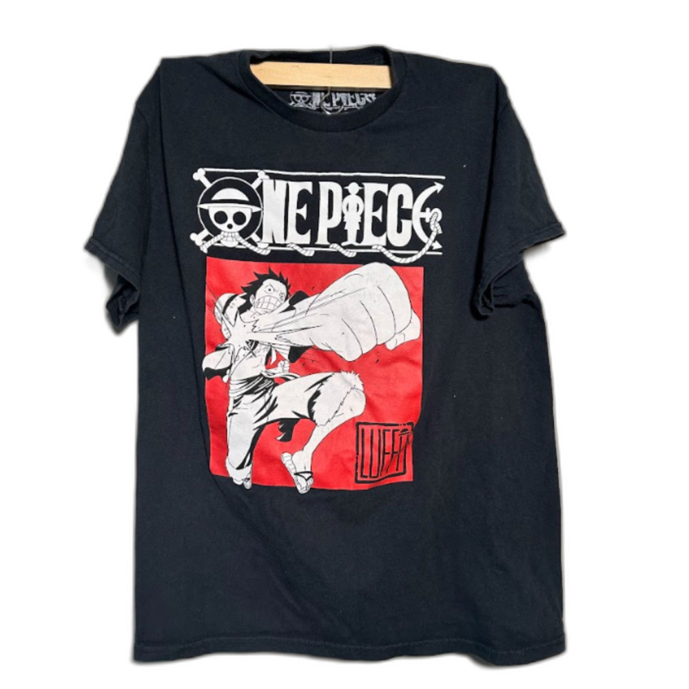 One Piece Anime Luffy T-Shirt Black Red Graphic Tee Size M Manga Crew Fans